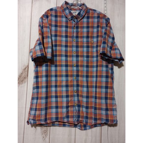 Duluth Shirt Mens Large Tall Orange Blue Plaid Short Sleeve Button Up Pocket - Picture 1 of 8